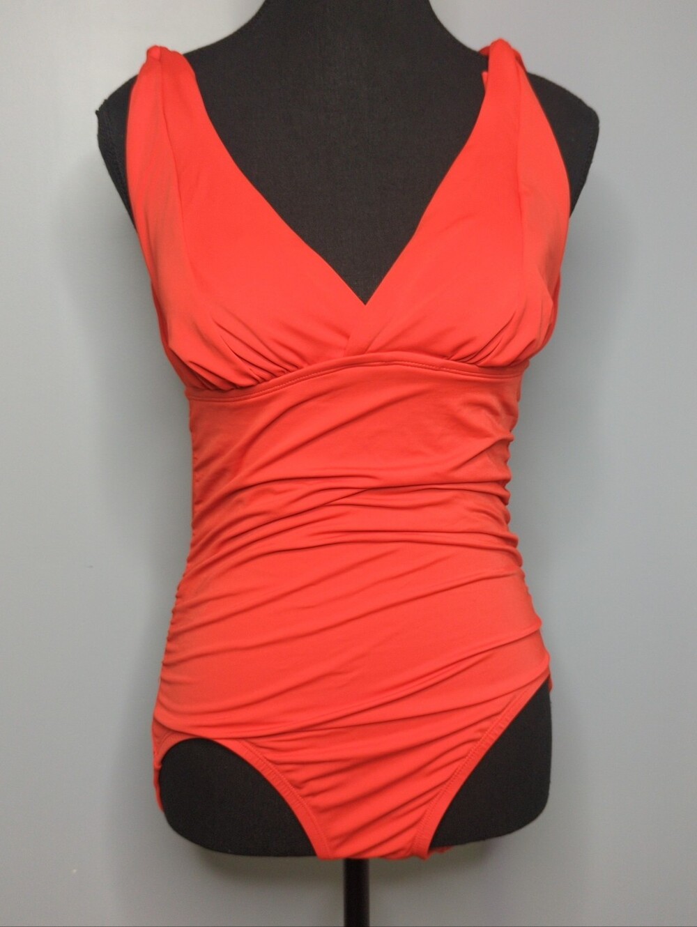 Time and Tru Coral Red Ruched Tummy Control V-Neck One Piece Swimsuit M